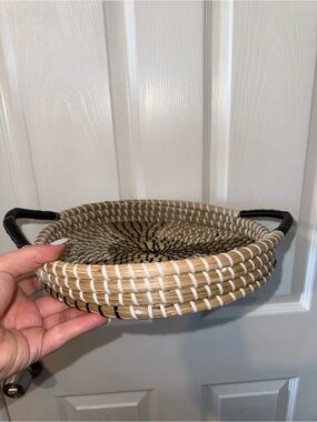 Handwoven Natural and Black Round Serving Tray with Wrapped Handles